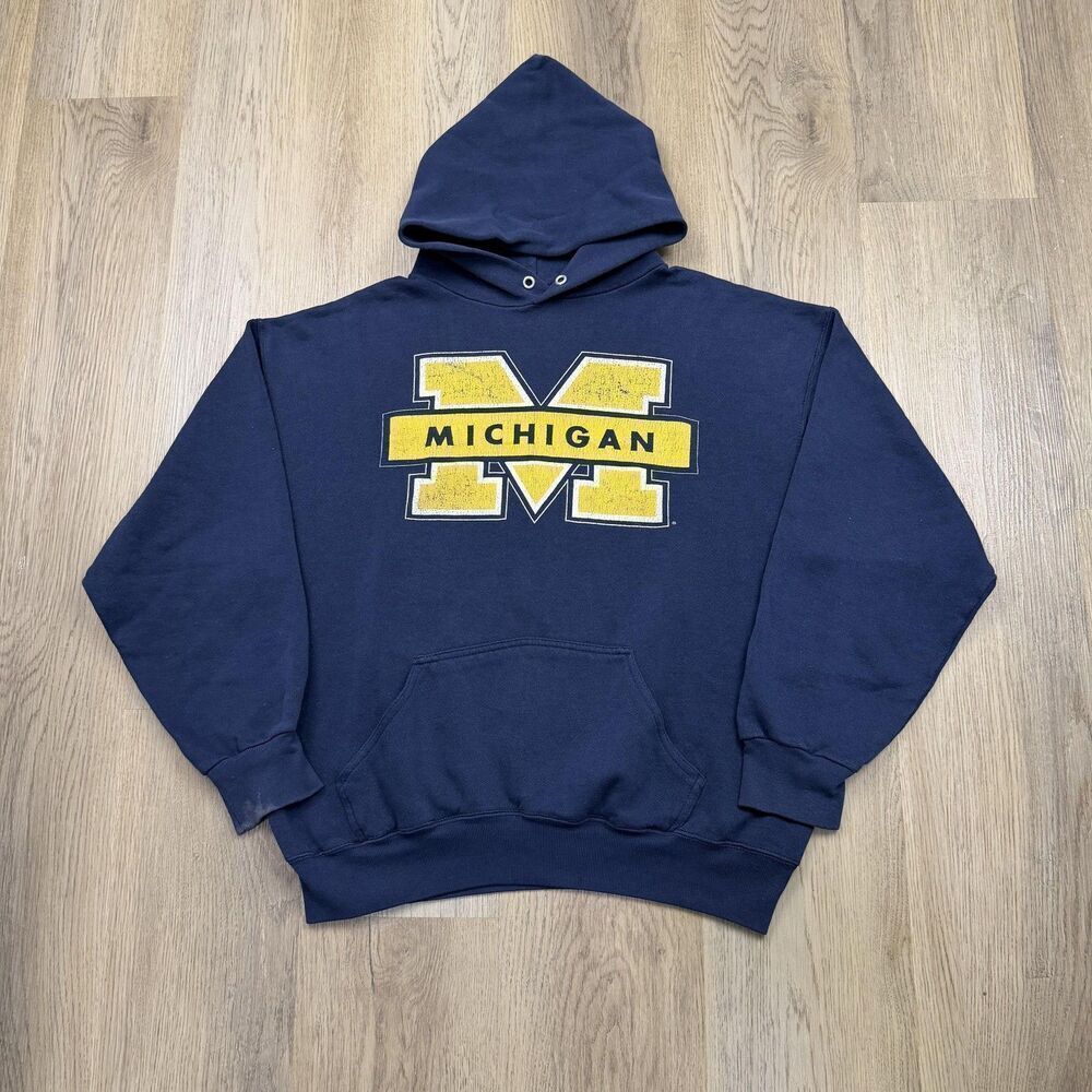 Vintage Michigan Wolverines Hoodie Mens Large Blue NCAA Football Sweatshirt 90s